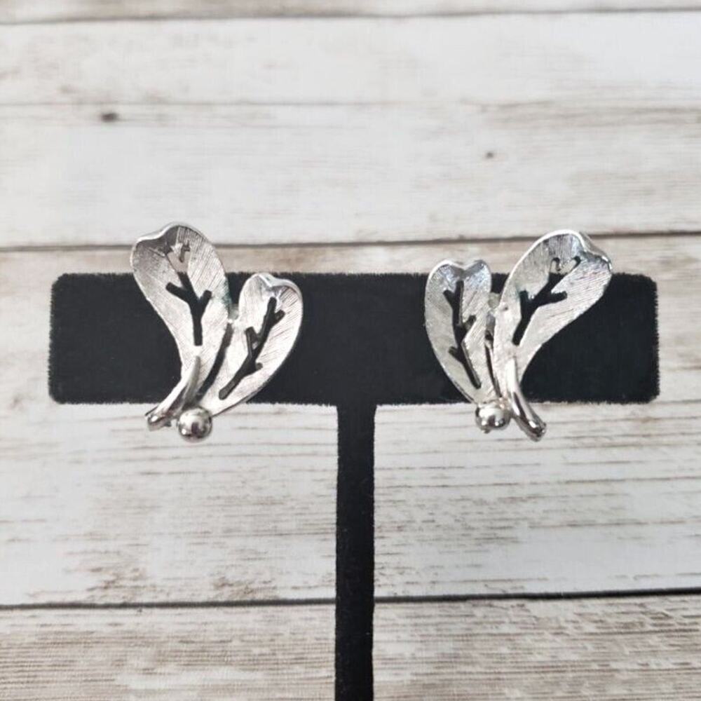 Vintage Clip On Earrings - Silver Tone Leaf Duo with Cut Out Design